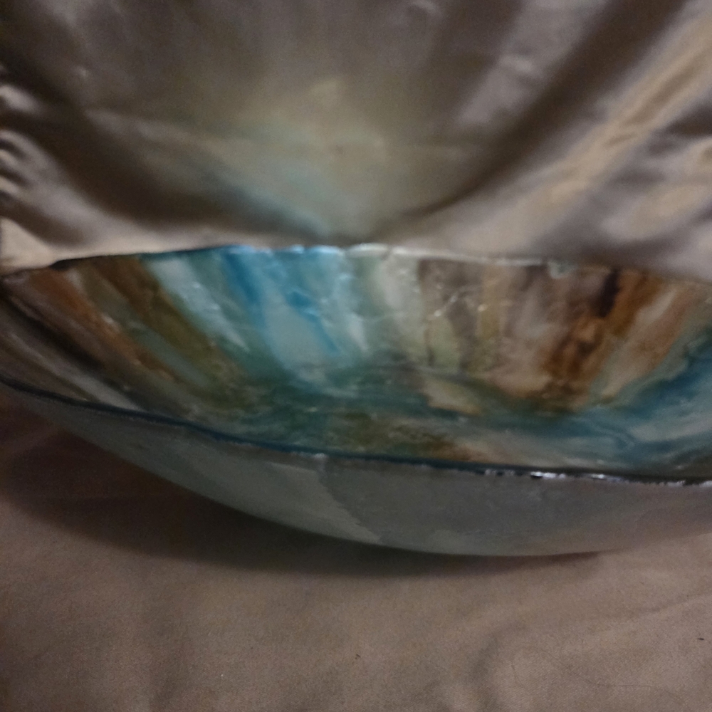 Stunning Large Multicolored Art Glass Bowl Blue, Brown,& White Swirl Centerpiece - Picture 6 of 15